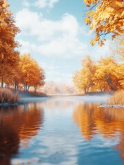 Fototapeta premium A beautiful shot of autumn park with the reflection of golden trees on the surface of a lake
