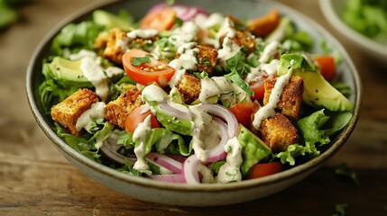 A healthy vegan salad on a rustic wooden table, featuring ingredients like avocado, tomatoes, red onions, and a tahini dressing 