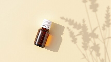 Bottle with lavender essential oil on white background, shadow from lavender branches, with space for text- generative AI