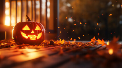 Fototapeta premium A glowing Halloween pumpkin surrounded by autumn leaves and warm sunlight.