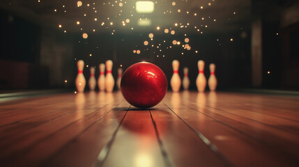 A bowling ball striking pins with dynamic lighting, symbolizing excitement and skill in bowling entertainment.
