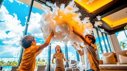 Family having a lively pillow fight in a hotel room, feathers flying, capturing spontaneous fun during travels. 
