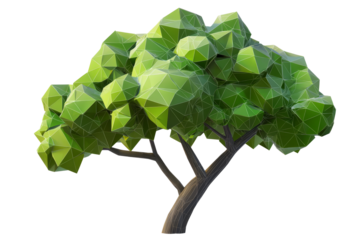 Low-poly tree with glowing green geometric leaves, isolated on a white background