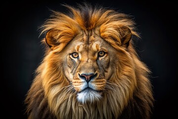 Fototapeta premium Captivating Tilt-Shift Photography of a Majestic Lion Against a Striking Black Background, Highlighting Its Regal Features and Unique Perspective in a Stunning Visual Presentation