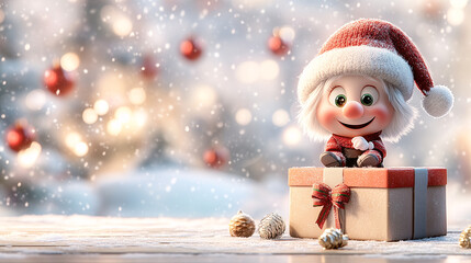 Christmas gnome sitting on gift box with snowy christmas tree background