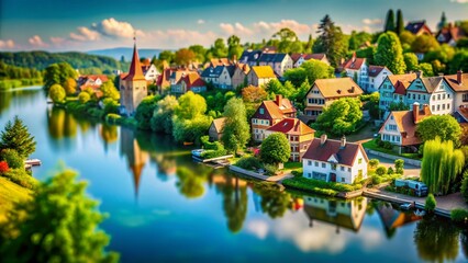 Obraz premium Captivating Tilt-Shift Photography of a Vibrant Landscape, Showcasing Miniature-Like Buildings, Lush Greenery, and a Serene Water Body Under a Bright Blue Sky