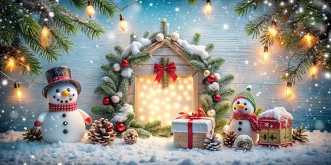 Two snowmen stand before a glowing Christmas wreath with a wrapped gift and pine cones in the snow