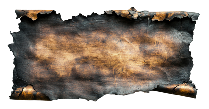 Old burnt parchment paper with textured edges, isolated on transparent cutout background