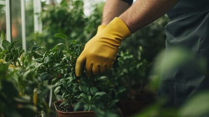 Fototapeta premium Gardening enthusiast tending to plants in a greenhouse during daylight hours