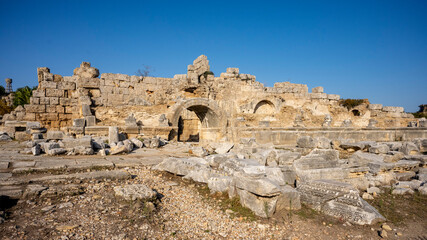 Rows of columns in Perge, Antalya, Turkey. Remains of colonnaded street in Pamphylian ancient city.