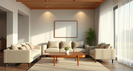 interior with sofa and wooden coffee table - 3d rendered illustration