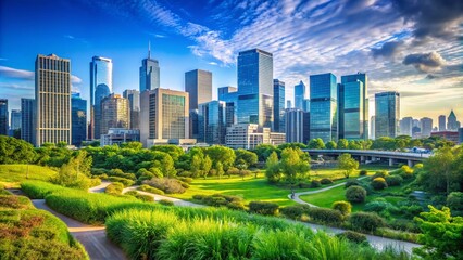 Obraz premium Captivating Urban Landscape with High Depth of Field Featuring Lush Greenery and Dynamic Skyline Under Clear Blue Sky, Perfect for Nature and Cityscape Enthusiasts