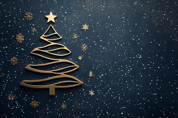 A golden decorative Christmas tree surrounded by snowflakes, set against a dark background.