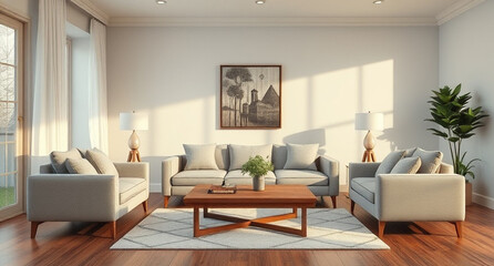 interior with sofa and wooden coffee table - 3d rendered illustration