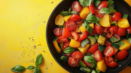 Bright and colorful vegetable salad with fresh herbs on a yellow background ready for a healthy meal. Generative AI