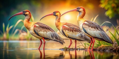 Captivating Vintage Style Portrait of a Buff-necked Ibis in Four Distinct Poses, Showcasing Its Unique Features and Natural Habitat