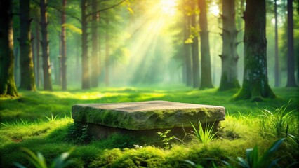 Obraz premium A mossy stone platform sits amidst lush green grass in a sun-drenched forest clearing, creating a serene and inviting scene.
