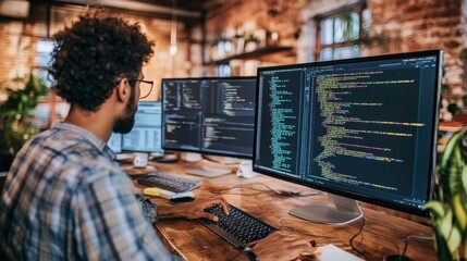 Creative software developer writing code in a modern workspace filled with plants