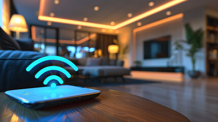 White router on table and blue WiFi symbol on background with copy space of blurred living room in modern smart house, wireless internet in apartment or hotel.