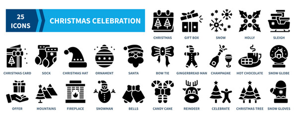 Christmas Celebration icon collection set. Containing christmas, gift box, snow, sleigh, christmas card, christmas hat, santa, candy cane icon. Simple black fill vector.