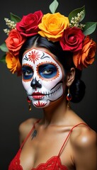 Day of the Dead Makeup with Cultural Symbols and a Bold Floral Headpiece.