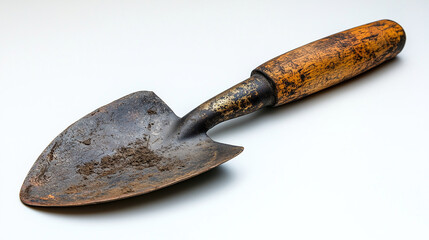 Vintage gardening trowel with wooden handle showing signs of age and wear resting against a white background. Generative AI