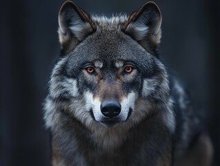 Fototapeta premium An alpha wolf with piercing red eyes that glow vividly in the darkness