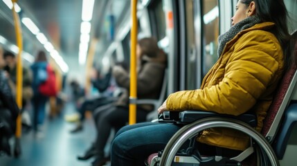 An evocative image of disability inclusion in public transportation with a modern transit system featuring accessible features and diverse passengers, symbolizing equitable mobility