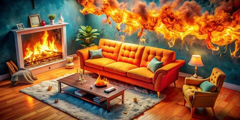 Cartoon Living Room Scene with Orange Settee Couch on Fire, Flames Erupting, Vibrant Colors, Dramatic Lighting, Whimsical Design, Unique Artwork for Creative Spaces