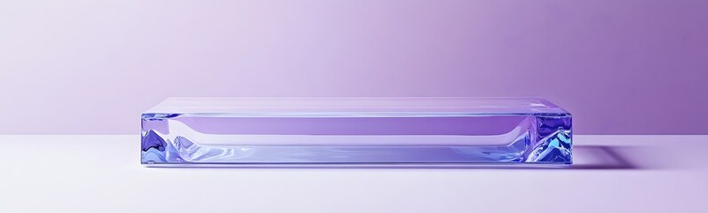 Contemporary clear acrylic podium with sharp lines, set against a pastel lavender background,...