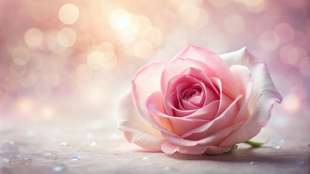 A delicate pink rose lies on a soft surface with bokeh background, symbolizing love, beauty, and romance.