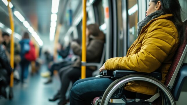 An evocative image of disability inclusion in public transportation with a modern transit system featuring accessible features and diverse passengers, symbolizing equitable mobility