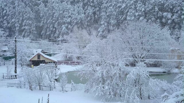 snowing in winter landscape. rural scene with lake and forest, Romania