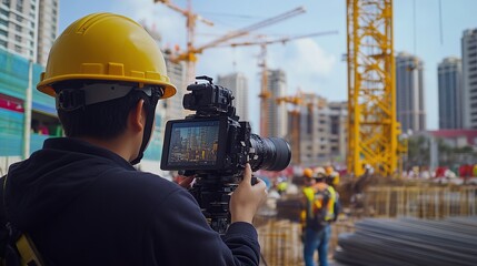 A photographer captures construction activity at a building site.