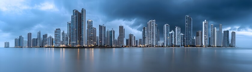 Fototapeta premium Coastal City Bracing for Incoming Hurricane with Dramatic Skies and Towering Skyscrapers