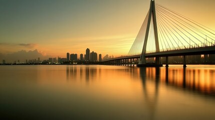Fototapeta premium A serene sunset view of a modern bridge with a city skyline in the background.