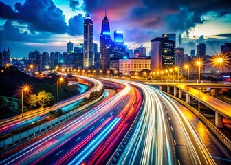 Fototapeta premium Chaotic Night Cityscape: Silhouette Photography of a Highway with Blurred Motion Representing the Frenzy of Modern Life in an Urban Environment