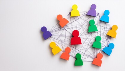 Connected and Intertwined: A vibrant network of individuals, represented by colorful wooden figures, interconnected by threads, symbolizing the power of relationships, community, and collaboration.  