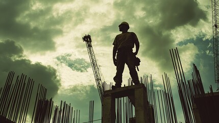 A silhouetted construction worker stands on a structure under a dramatic sky.