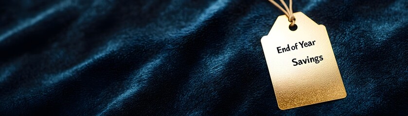 Elegant Gold Tag Displaying End of Year Savings on Soft Blue Fabric for Holiday Promotions and Marketing Campaigns