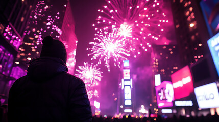 Obraz premium A person enjoying a vibrant fireworks display in Times Square, New York City.