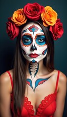 Fototapeta premium Calavera Makeup Art with Floral Patterns for a Day of the Dead Celebration Look.