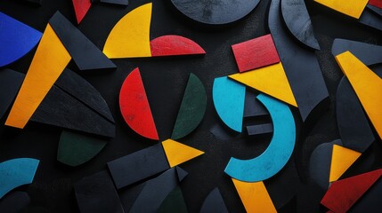 Fototapeta premium An evocative image of multi-colored geometric shapes intertwining to form a unified, intricate mosaic on a dark surface