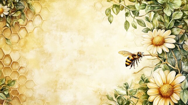 35.A whimsical watercolor border made of intertwined daisies, leaves, and honeycomb patterns, with a bee delicately perched on one of the flowers. The composition has a light, airy feel with soft