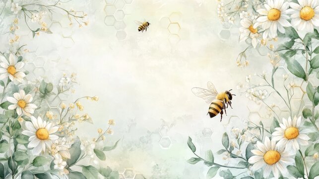 35.A whimsical watercolor border made of intertwined daisies, leaves, and honeycomb patterns, with a bee delicately perched on one of the flowers. The composition has a light, airy feel with soft