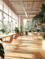 Fototapeta premium Blank light grey wall in sunny open space office with wooden floor and eco style furniture. Mockup. 3D rendering