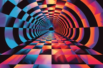 Abstract tunnel with vibrant checkered floor and walls.
