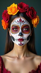 Floral Crown and Day of the Dead Makeup on Model Celebrating Dia de los Muertos.