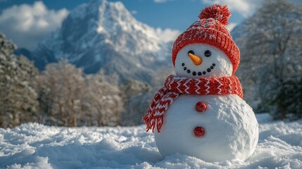 Obraz premium Cheerful snowman in a snowy playground with Cascade Mountain backdrop and frosty trees under a bright blue sky