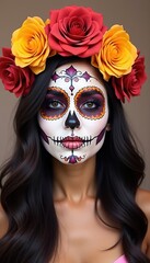 Floral Crown and Day of the Dead Makeup on Model Celebrating Dia de los Muertos.